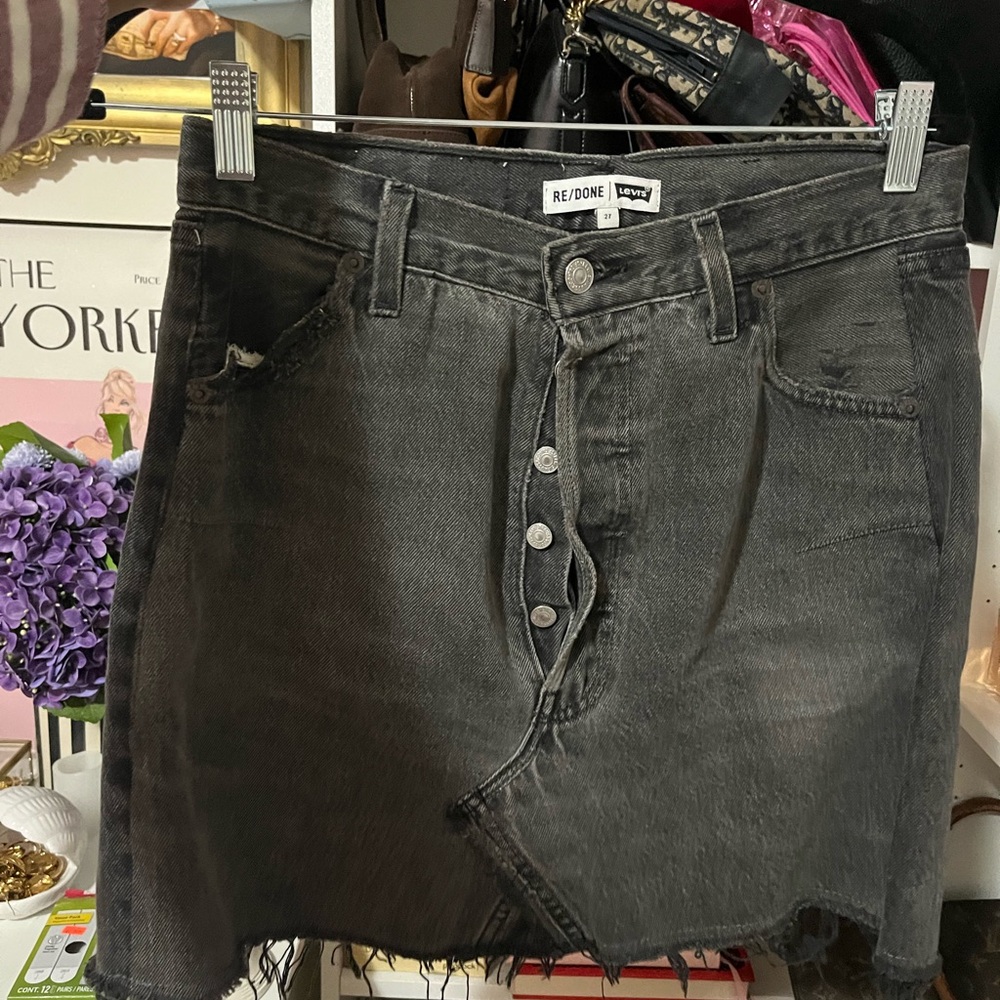 Re/Done Charcoal Button-Front Mini Skirt